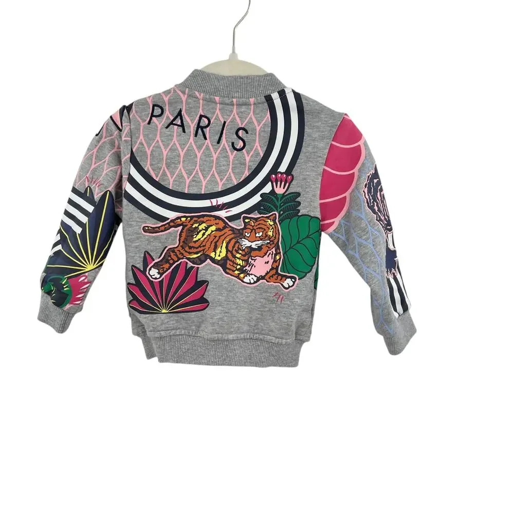 Kenzo Paris Kids Zip-Up‎ Jacket Sweatshirt Tiger Print Embroidered Gray Size 18M